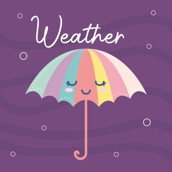 Počasí ikona deštníku s úsměvem a počasí nápis na fialovém pozadí — Stockový vektor