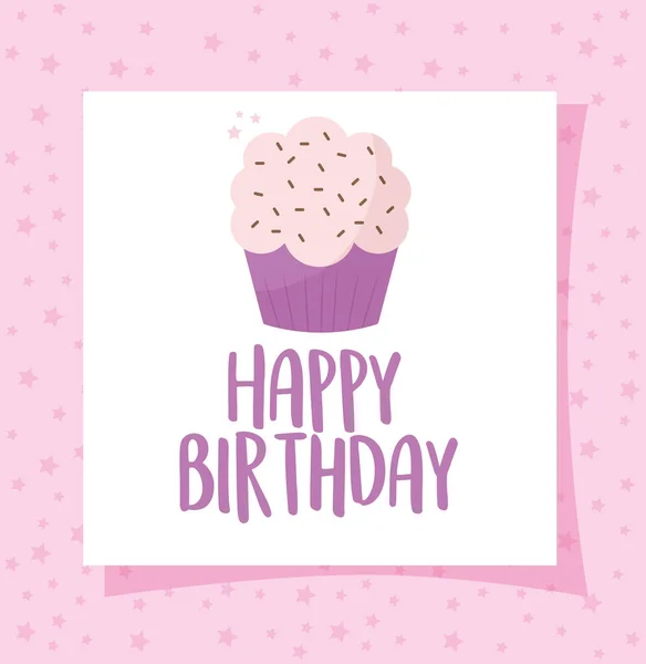 Carta cupcake con felice iscrizione di compleanno su uno sfondo rosa — Vettoriale Stock