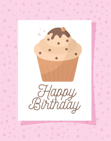 Cupcake card with happy birthday lettering on a pink background — Stock Vector