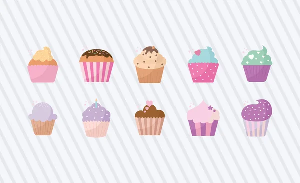 Bundle of baked cupcakes icons — Stock Vector