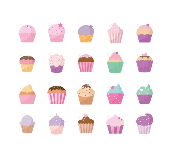 Grupo de cupcakes cozidos ícones —  Vetores de Stock