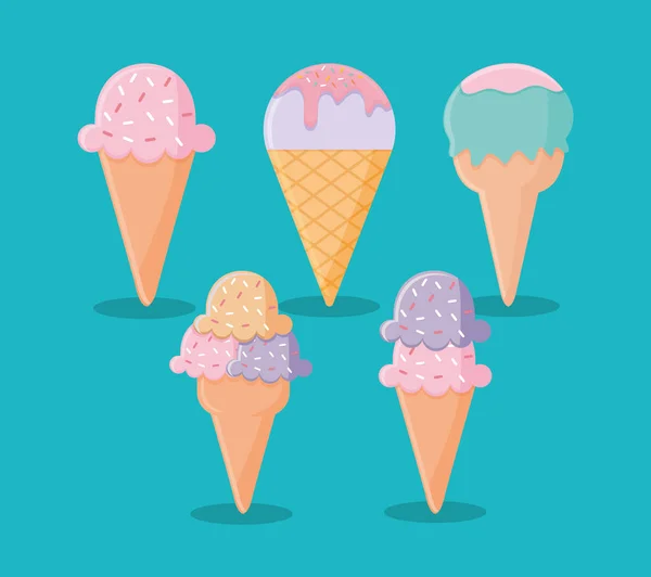 Set of ice cream icons on a blue background — Stock Vector