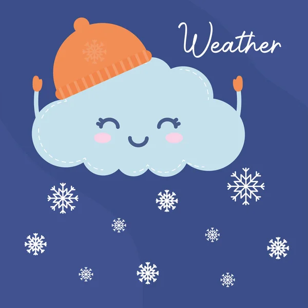 Mavi arka planda bir şapka ve kar taneleriyle gülümseyen bulut — Stok Vektör