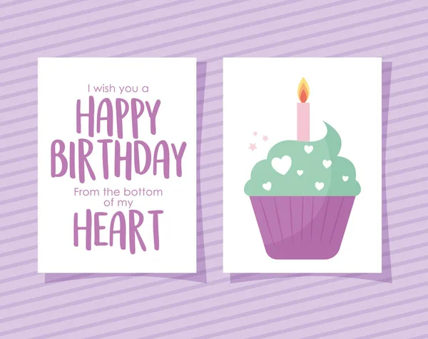 Cupcake card with i wish youy a happy birthday of the botton of my heart lettering — Stock Vector