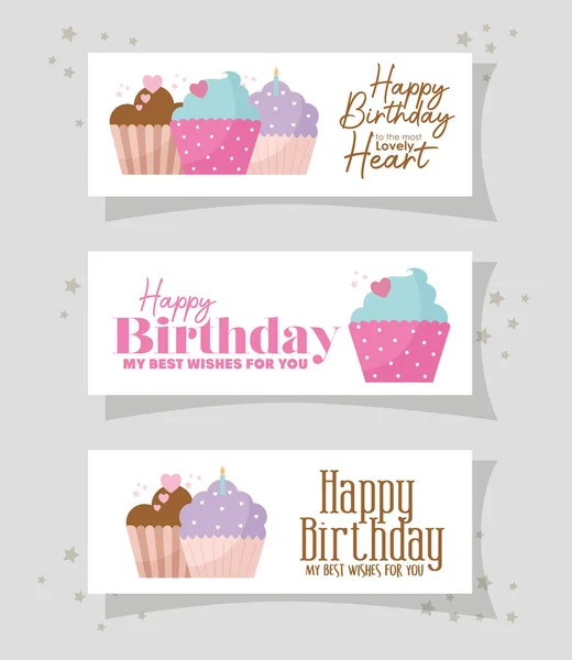 Δέσμη καρτών με cupcakes και χαρούμενα γράμματα γενεθλίων σε γκρι φόντο — Διανυσματικό Αρχείο