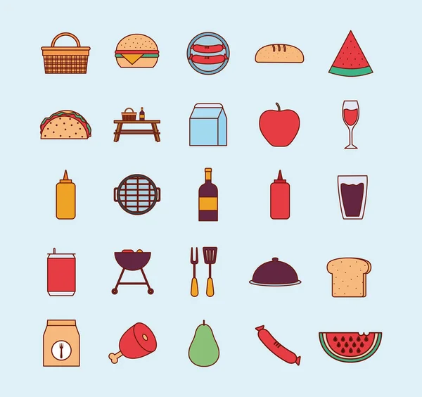 Conjunto de iconos de picnic sobre un fondo azul — Vector de stock