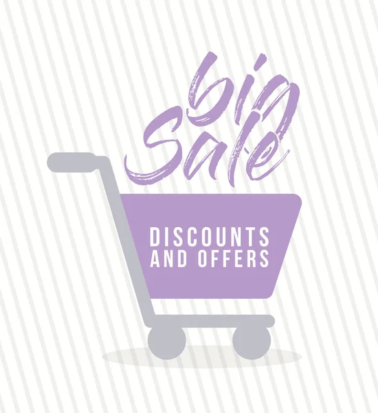 Shopping cart of a purple color with big sale dicounts and offers — Stock Vector