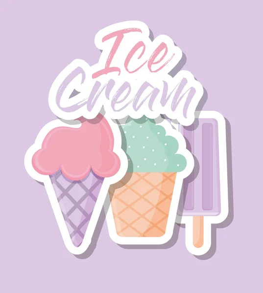Conjunto de iconos de helado con letras de helado sobre un fondo púrpura — Vector de stock