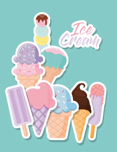 Set of ice cream icons with ice cream lettering on a green background — Stock Vector