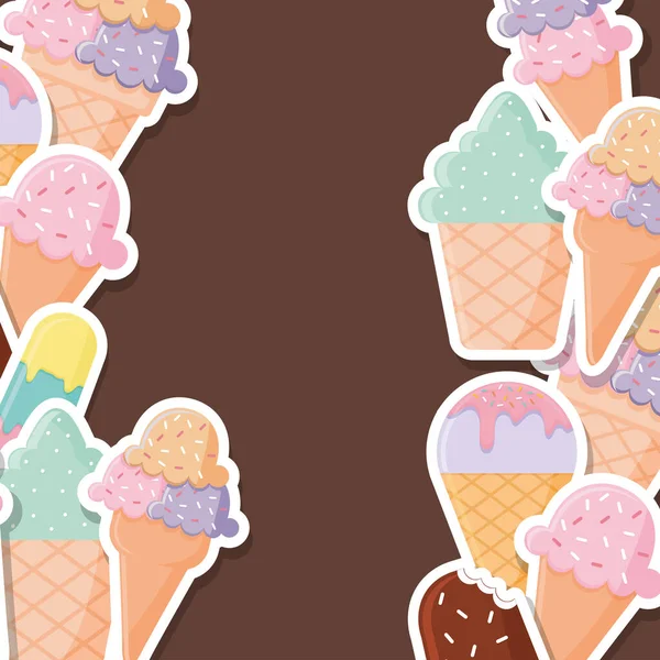 Bundle of ice cream icons on a brown background — Stock Vector