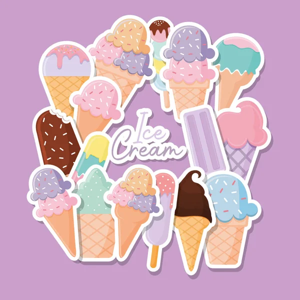 Bundle of ice cream icons with ice cream lettering over a purple background — Stock Vector