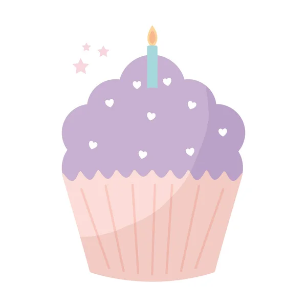 Cupcake topped with purple frosting and one candle on the top — Stock Vector