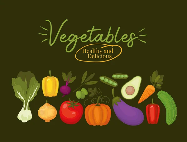 Groenten gezonde en heerlijke belettering en set van groenten pictogrammen — Stockvector