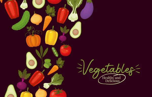 Gemüsesorten gesunde und leckere Schriftzüge und ein Satz veganer Symbole auf braunem Hintergrund — Stockvektor