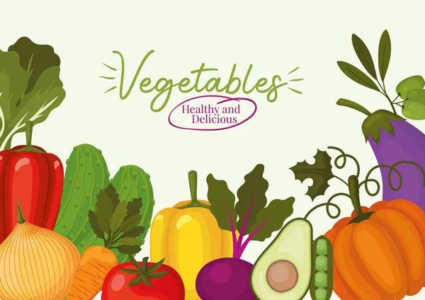 Gemüse gesunde und leckere Schriftzüge und ein Satz veganer Symbole auf weißem Hintergrund — Stockvektor