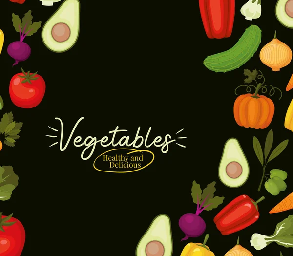 Groenten gezonde en heerlijke belettering en set van groenten pictogrammen op een zwarte achtergrond — Stockvector