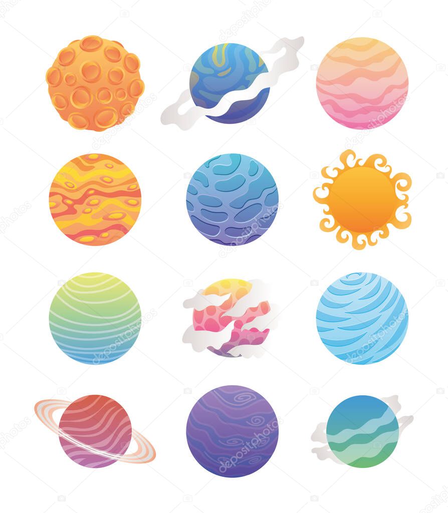 set of cute planets on a white background
