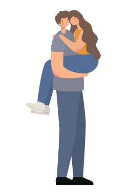 Romantik çift, beyaz bir sırt çantasıyla kızı kucaklıyor ve kaldırıyor.