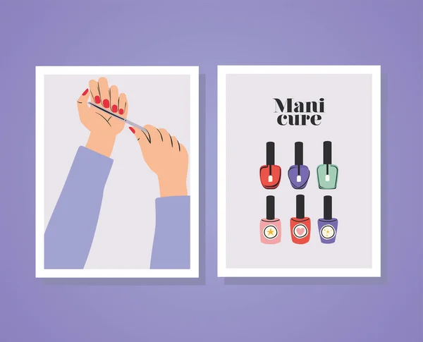 Kaarten van manicure belettering en handen met een rode nagels, een nagelvijl en een set van Poolse flessen pictogrammen — Stockvector