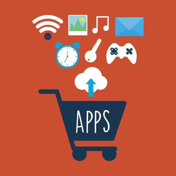 Apps belettering op een winkelwagentje met een bundel apps pictogrammen — Stockvector