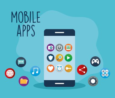 Uygulama simgeleriyle birlikte bir telefonun kenarına yazılan mobil uygulamalar
