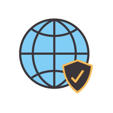 Mavi renkli bir dünya ve onaylanmış bir sembolle kalkan.