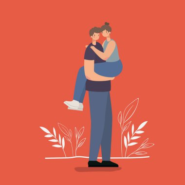 Romantik çift kırmızı arka planda sarılıyor.