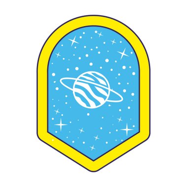 Beyaz arkaplan üzerinde satürn ve yıldızlar olan amblem.