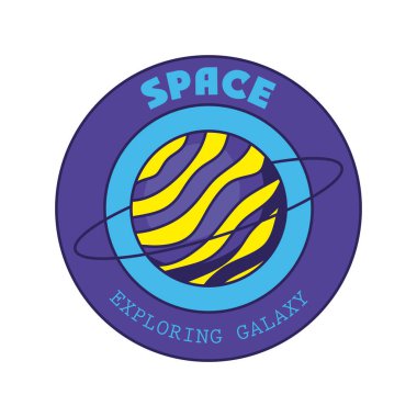 İçinde satürn olan bir rozet ve galaksiyi keşfeden harfler.