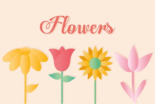 Bloemen belettering met set van bloemen pictogrammen — Stockvector