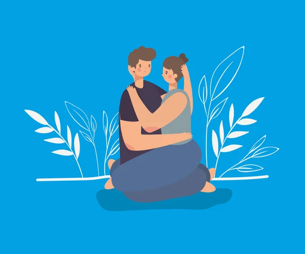 Casal romântico sentar e abraçar em um fundo azul —  Vetores de Stock