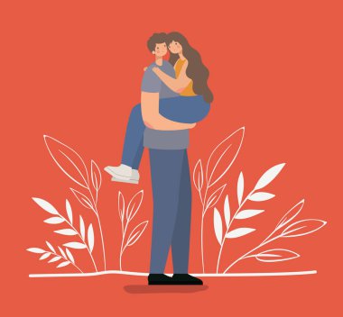 Romantik bir çift, kırmızı bir sırt çantasıyla kızı kucaklıyor ve kaldırıyor.
