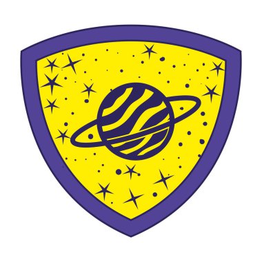 Beyaz arka planda satürn olan bir rozet.