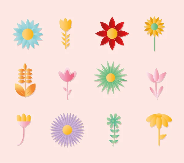 Conjunto de iconos de flores sobre un fondo rosa claro — Vector de stock