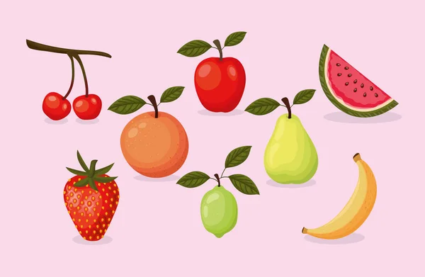 Conjunto de iconos de frutas sobre un fondo rosa — Vector de stock