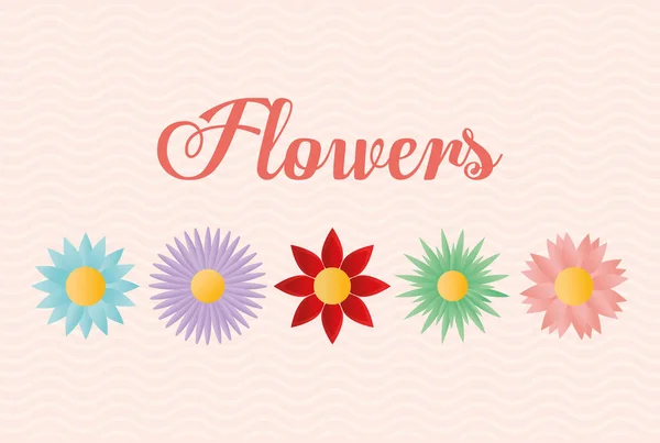 Flowers lettering with set of flowers icons on a pink background — Stock Vector
