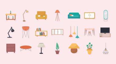 Pembe arkaplanda iç dekorasyon simgeleri demeti