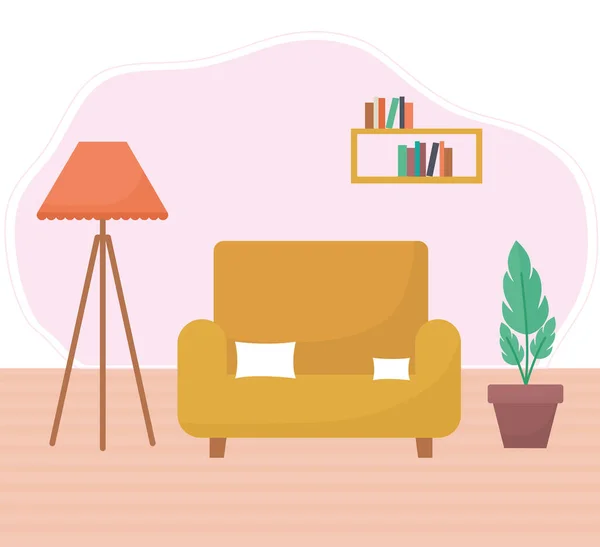 Salón con un sofá, plantas más una lámpara — Archivo Imágenes Vectoriales