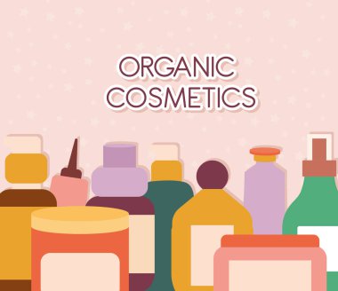 organik kozmetik harfler ve pembe arka planda organik kozmetik simgeler.