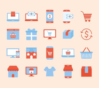 Somon rengi arka planda çevrimiçi alışveriş simgeleri