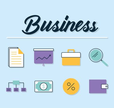 Mavi arkaplanda bir dizi businees simgesi