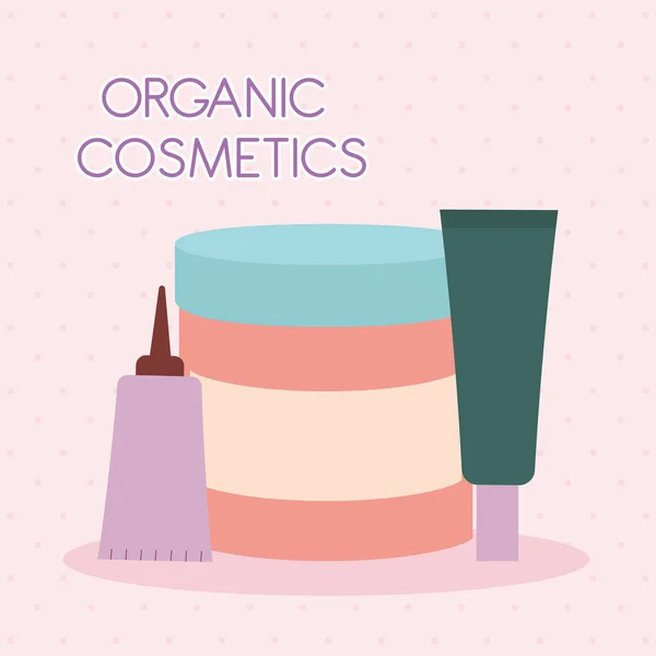 Lettering cosmetico organico con un fascio di icone cosmetiche biologiche su sfondo rosa — Vettoriale Stock