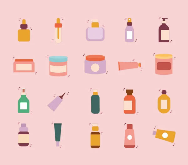 Conjunto de iconos cosméticos orgánicos sobre un fondo rosa — Archivo Imágenes Vectoriales