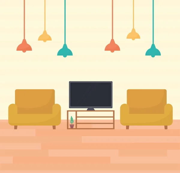 Salon avec deux canapés, une télévision plus une lampe — Image vectorielle