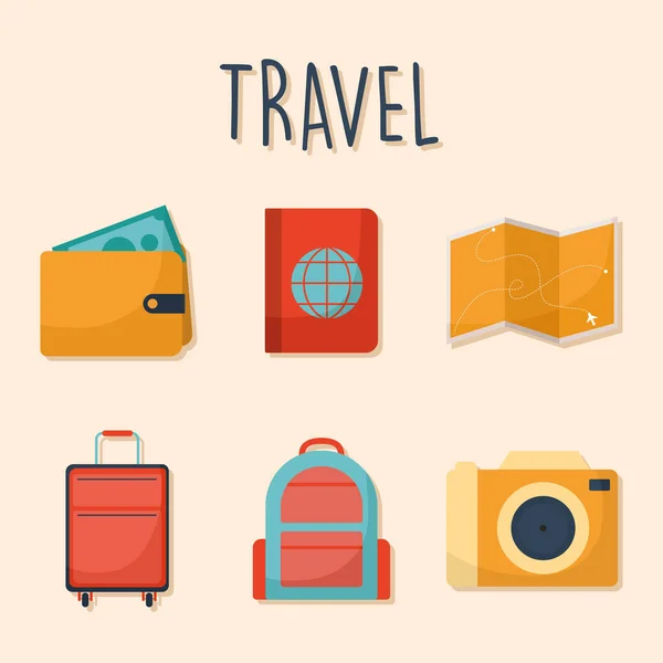 Lettrage de voyage avec ensemble d'icônes de voyage — Image vectorielle
