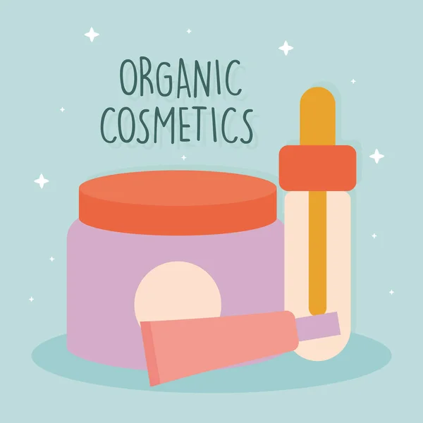 Lettering cosmetico organico con un fascio di icone cosmetiche biologiche su sfondo blu — Vettoriale Stock