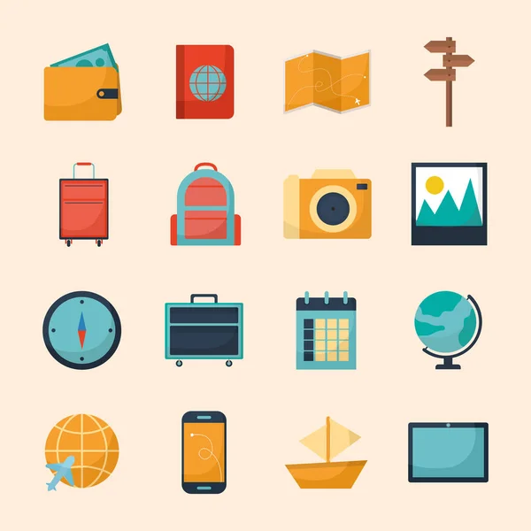 Set of travel icons on a pink background — Stock Vector