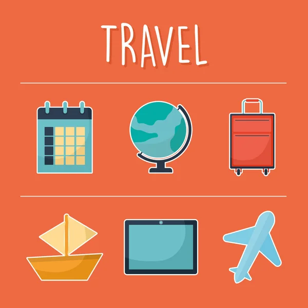 Lettrage de voyage avec paquet d'icônes de voyage — Image vectorielle