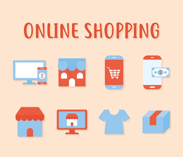 Lettering dello shopping online e set di icone dello shopping online su sfondo color salmone — Vettoriale Stock