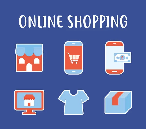 Онлайн-шопинг и набор интернет-магазинов на синем фоне — стоковый вектор